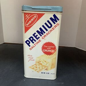 Nabisco Premium Saltine Crackers Tin 1969 Vintage 14 oz.  9.5" Tall Canister